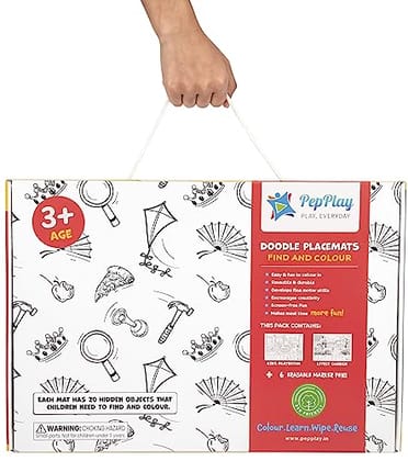         Pepplay Reusable 2 Coloring Placemats Sheet with 6 Erasable Marker Pens, Non Toxic,Creative Doodle Art Kit, Travel Coloring Art Kit for Kids, for 3+ Years Age Groups (Find and Colours Theme)       