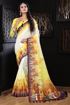 Narivastra Pure Linen Yellow and Cream Color Digital Printed Saree