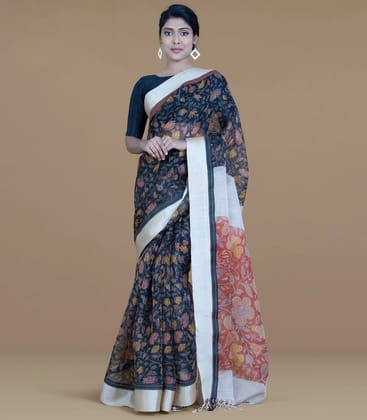 Multi Colour Woven Organza Printed Silk Saree With Cream Border-Multi Colour-Multi Colour
