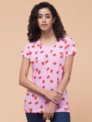 Hive91 Womens Cotton T-Shirt featuring Red Lips on Pink XXL