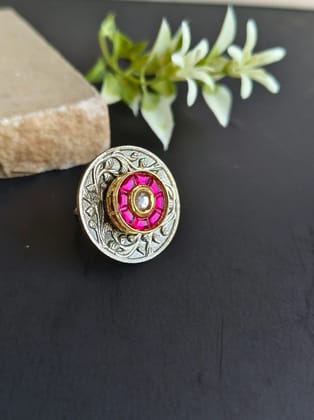 Dual Tone Oxidized Adjustable Finger Ring with Kundan Stones | Sarichka-Red