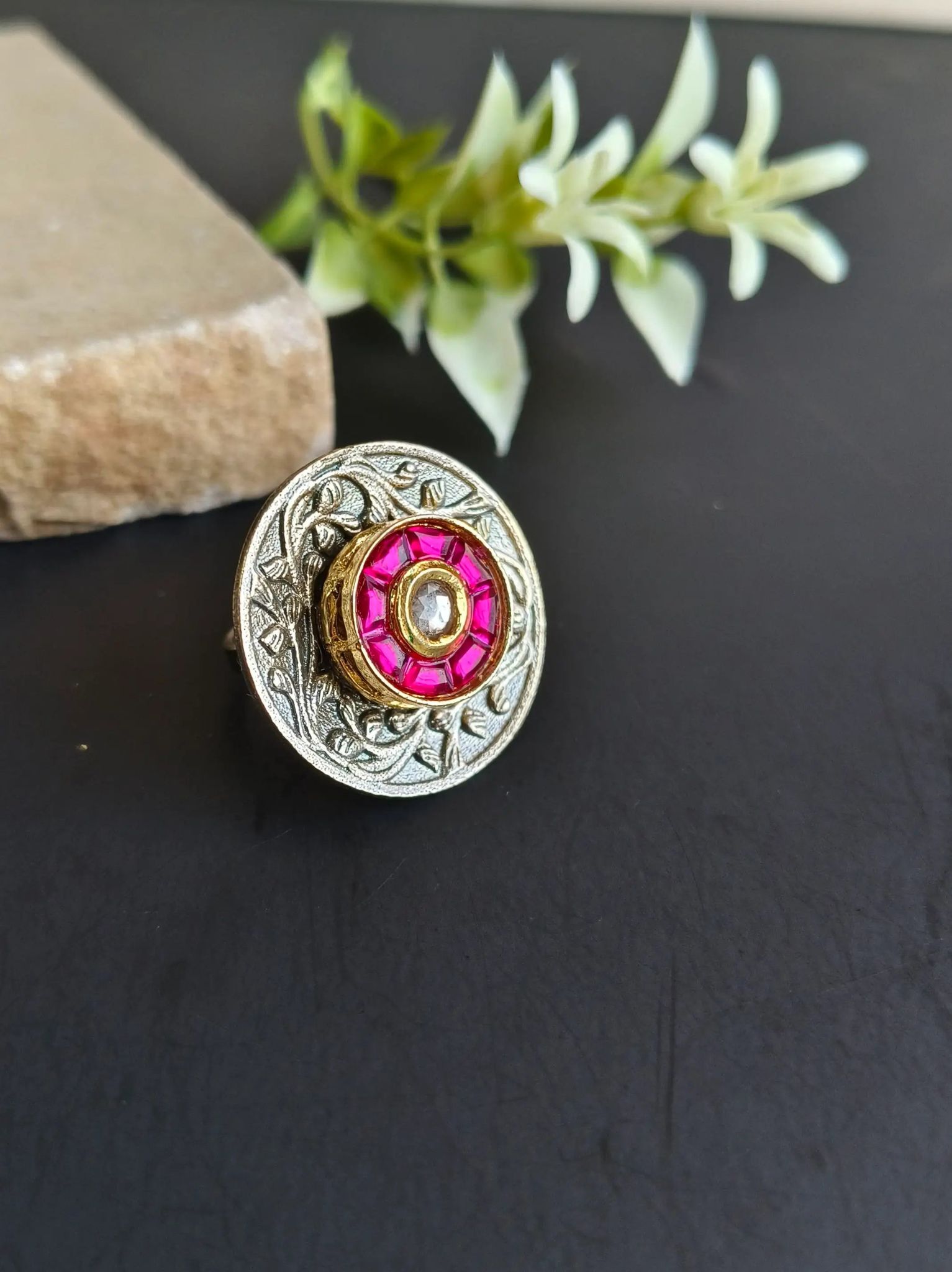 Dual Tone Oxidized Adjustable Finger Ring with Kundan Stones | Sarichka-Red