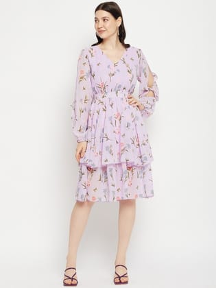 V Neck Floral Print Slit Sleeve Layered Georgette Fit & Flare Dress