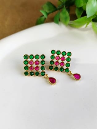 Gold-Plated Earrings with Jade Stones and Kite Design | Sarichka-Green+Red