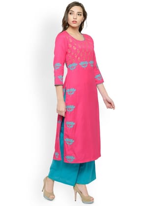 Women Pink Block Print Straight Kurta