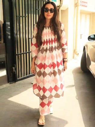 Burgundy Pink Printed Cotton Pleated Kurta with Pants-S