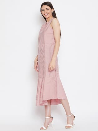 Red & petal pink Striped Keyhole Neck Midi Dress
