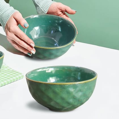 The Earth Store Studio Pottery Green Ceramic Snack Bowls Set of 2 for Serving Pasta, Noodle, Maggi, Cereal Microwave Safe Salad Bowl, Mixing Bowl for Snacks
