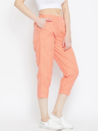 Women Coral Textured Relaxed Pleated Cropped Trousers