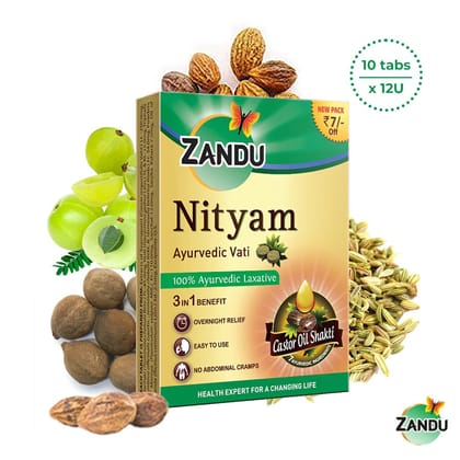 Zandu Nityam Ayurvedic Tablets for Quick Constipation Relief | Relieves Abdominal Cramps, Gas, Acidity & Bloating 10Tabs x 12 U