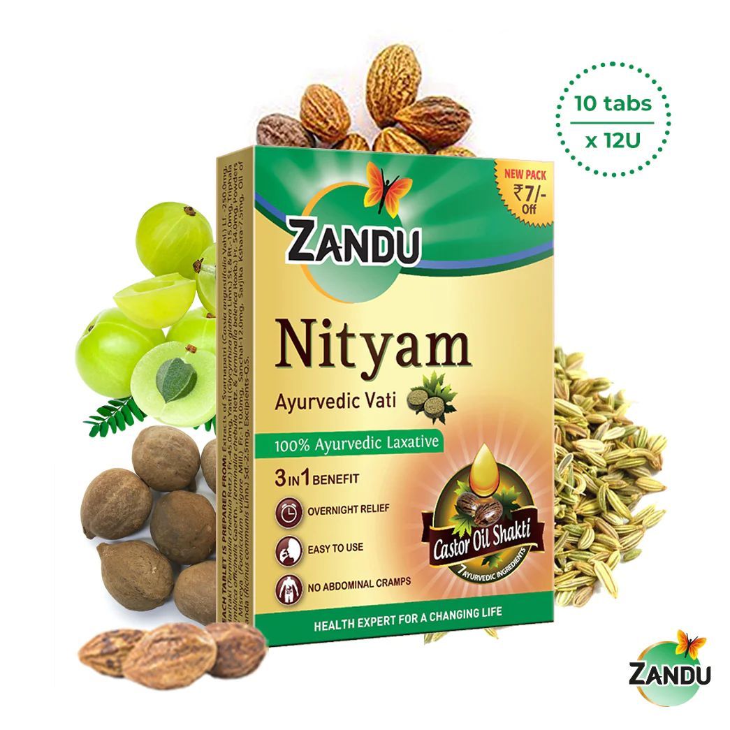 Zandu Nityam Ayurvedic Tablets for Quick Constipation Relief | Relieves Abdominal Cramps, Gas, Acidity & Bloating 10Tabs x 12 U