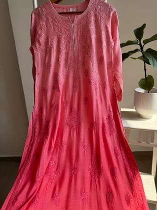 Muslin Chikankari Kurti with Mukaish work - Pink Ombre-Pink Ombre / Muslin / S