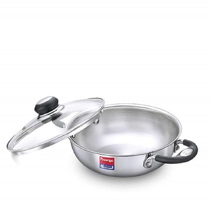 Prestige Tri Ply Splendor Stainless Steel Gas and Induction Compatible Kadai with Glass Lid, 24 Cm (2.7 L)(Silver)