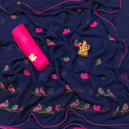 Beautiful Blue color Georgette Embroidered Sari MS-13 Black