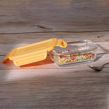 IVEO Borosilicate Glass Container, Fresh Nano | Microwave Safe Mini Food Container | Lunch Box | for Carrying and Storing Food | Air Tight | Leak Proof Food Storage | 180 ml, Rectangle,1 Pc,Yellow
