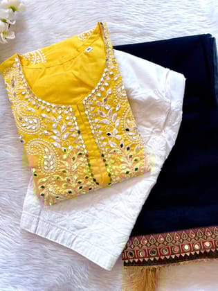 Mirror &Thread embroidery work kurti with Chikankari pant and Mirror work dupatta set (Stitched)-XXL(44)