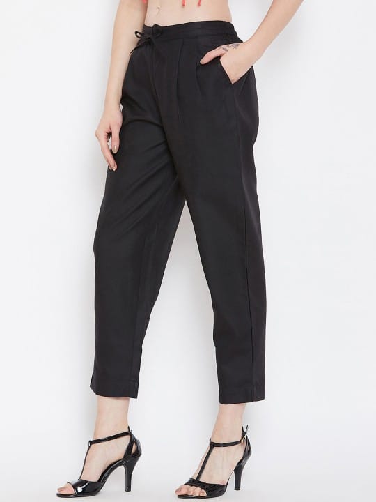 Women Black Relaxed Regular Fit Solid Peg Trousers