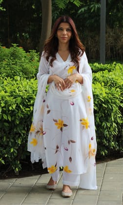 Cotton White & Yellow Handbrush Suit Set with Chiffon Dupatta-XL