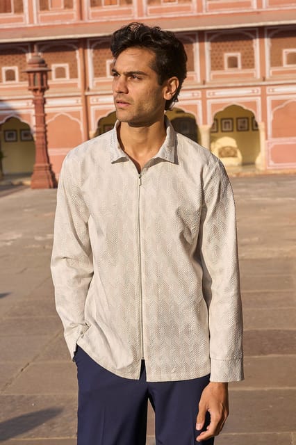 TEXTURED ZIP SHIRT-XS / White/Grey