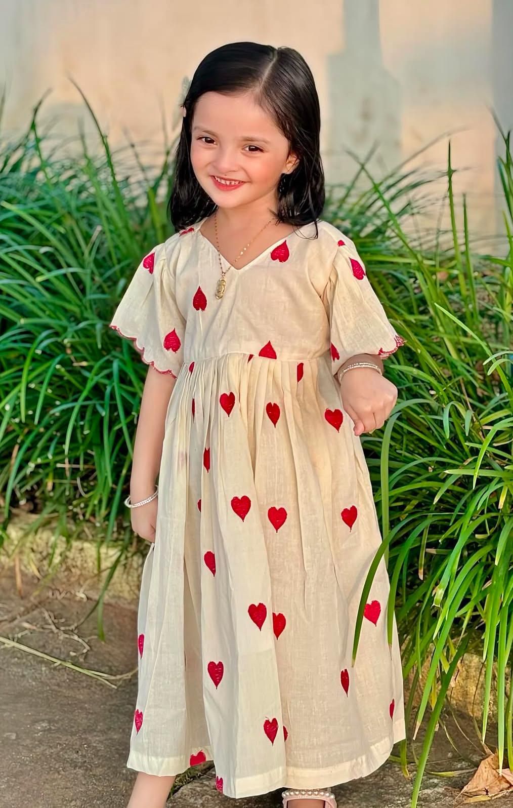 Luxury Khadi Cotton Heart Embroidery Fancy Border Kids Frock-Beige / 0-3 Month