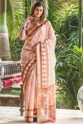 Elegent Light Pink Color Linen Digital Printed Saree
