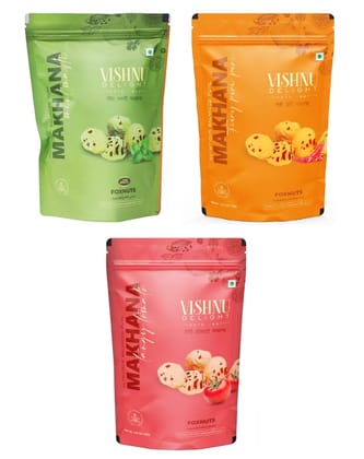 Vishnu Delight Organic Makhana Combo Pack - 3 of 60g Each flavor - Mint Masti, Fiery Peri Peri, Tangy Tomato - Crunchy, Deliciously, and Full of Flavorful Indian Spices Snacks