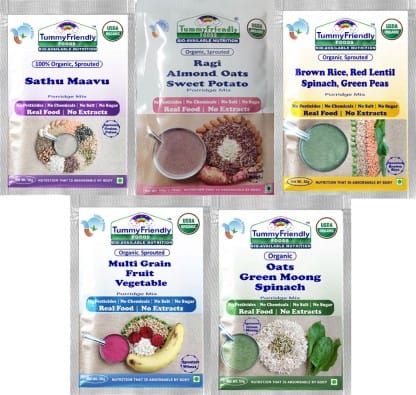 TummyFriendly Foods Certified Organic Stage3 Sprouted Porridge Mixes Trial Packs, Organic Baby Food For 8+ Months, Sprouted Ragi, Brown Rice, Oats, Sathu Maavu, Pulses, 50 gm Each Cereal (Pack of 5)