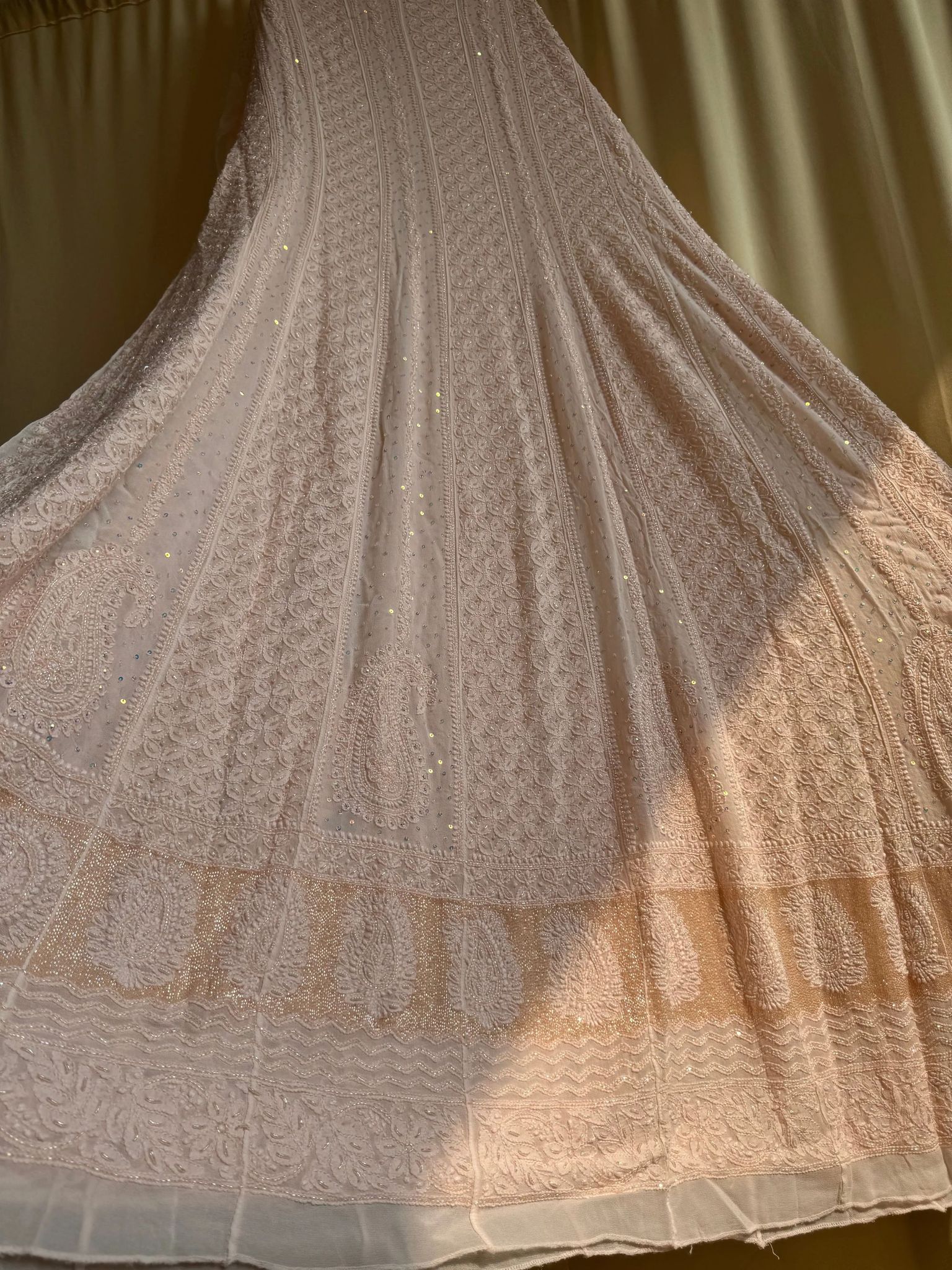Viscose Anarkali - Semi Stitched - Pearl Work - Peach-Peach / Viscose / Pearl Work