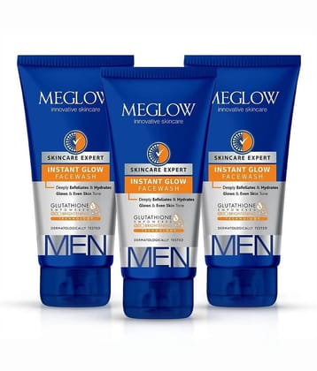 Meglow Instant Glow Facewash for Men for Skin Brightening for Even Skin Tone 70g ( Pack of 3 )
