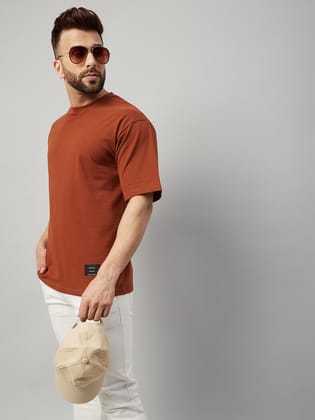 Gritstones Men Brown Half Sleeve Oversized Cotton Solid T-Shirt