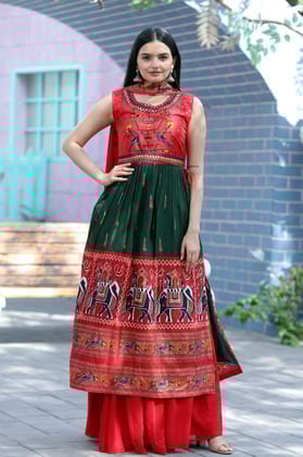 Hand Mirror Work Patola Designer Red And Green Sharara Suit-S