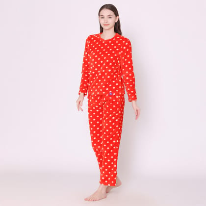 Women's Regular Comfort Fit Full Sleeve Round Neck Winter Velvet Polka Prints Top And Pyjama Set - Red Red S