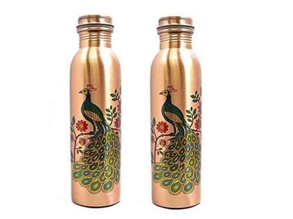 Imago  Peacock Printed Copper Bottle 1L (Pack of 2)