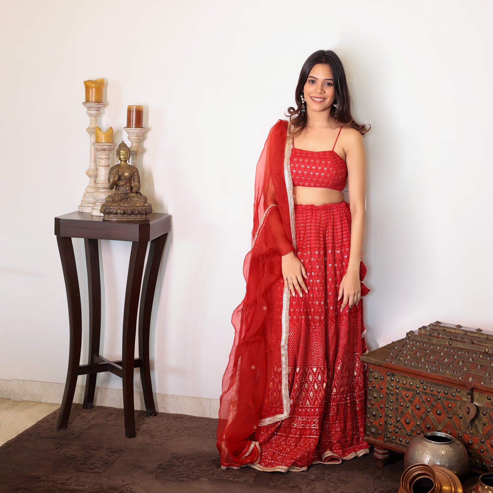 Red embroidered lehenga with organza dupatta-XS