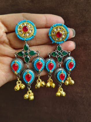 Oxidised Two-Tone Dangler Earrings with Kundan Work & Ghungroo | Sarichka-Red+Green