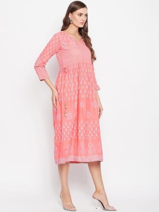 Peach-Coloured & White Ethnic Motifs Dress