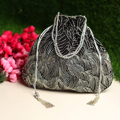 Black Potli Bag with exquisite silver waves embroidery