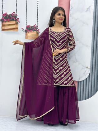 Engagement Wear Wine Color Heavy Embroidery Sequence Work Sharara Suit-L