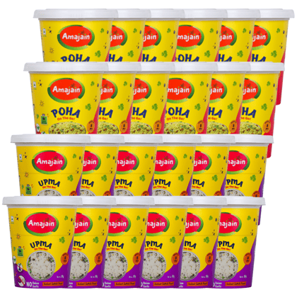 Amajain Instant Sattvik Upma and Poha Combo, Ready-to-Eat, No Added Preservatives, No Added Flavours, Jain-Friendly, 70g (12 Each, 24 Tubs in Total)