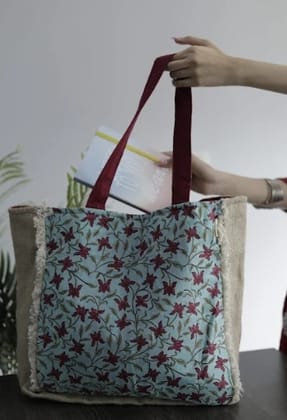 Urvi Bag Jute and Block Print Tote with Kantha and Lace Detailing