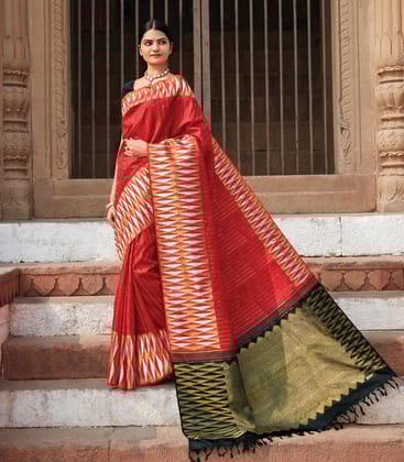 Red Handloom Kanchipuram Silk Saree With Stripes-Red