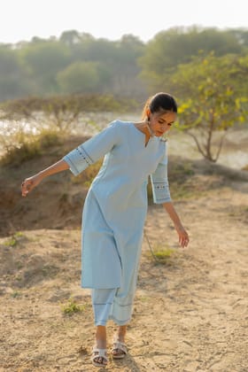 Soft Blue Handloom Cotton Kurta Set-S