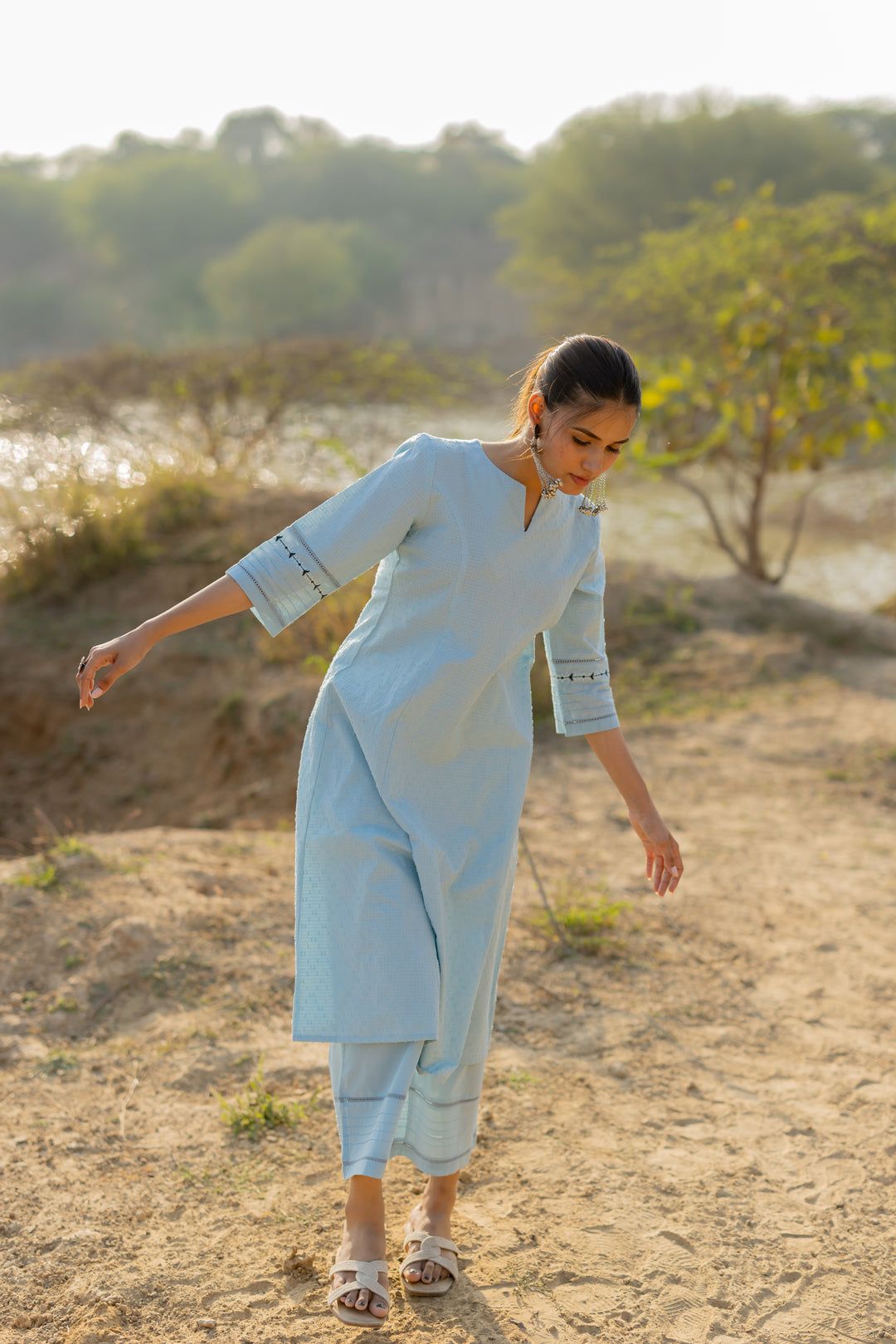 Soft Blue Handloom Cotton Kurta Set-S