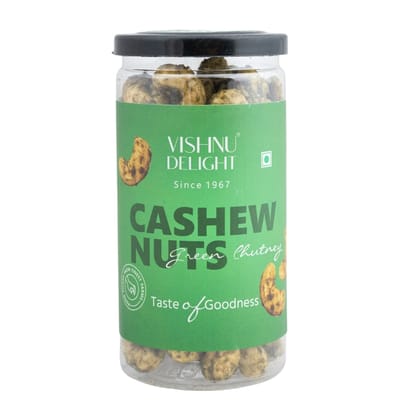 Vishnu Delight Premium Quality Green Chutney Flavored Cashews 85gm Jar - Rich in Protein, Fiber, and Healthy Fats, Perfect for Healthy Snacking on-the-go