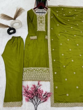 Mehndi Green Color Plazzo Suit With Gorgeous Dupatta-M
