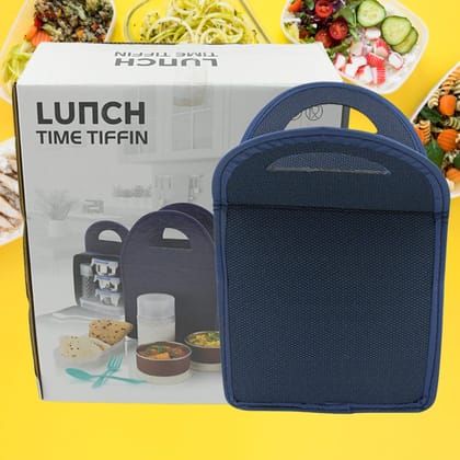 5773 6In1 Tiffin Box-Lunch Box | 3 Stainless Steel Containers | Plastic lid Box | Spoon & Fork /Plastic Bottle | Insulated Fabric Bag | Leak Proof | Microwave Safe  for Office, College and School