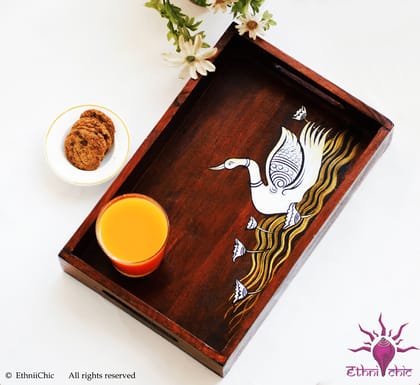 Ethinichic Hand painted Swan Solid Wood Serving Tray