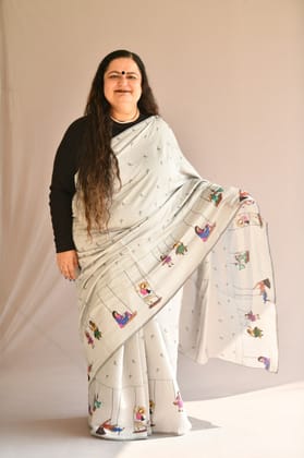 Silver Floral Chanderi Silk Printed Designer Saree