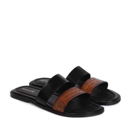 Slipper With Laser Engraved Dual Strapped Tan & Black Leather-45/11