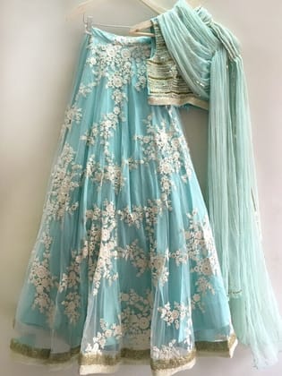 Trendy Sky Blue Color Embroidered Semi Stitched Lahenga Choli